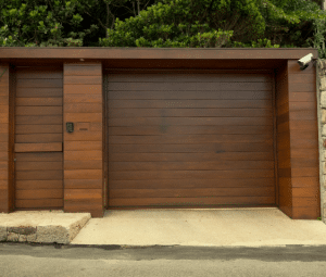 Wooden garage with pedestrian door