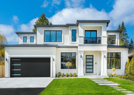 white house with black garage door